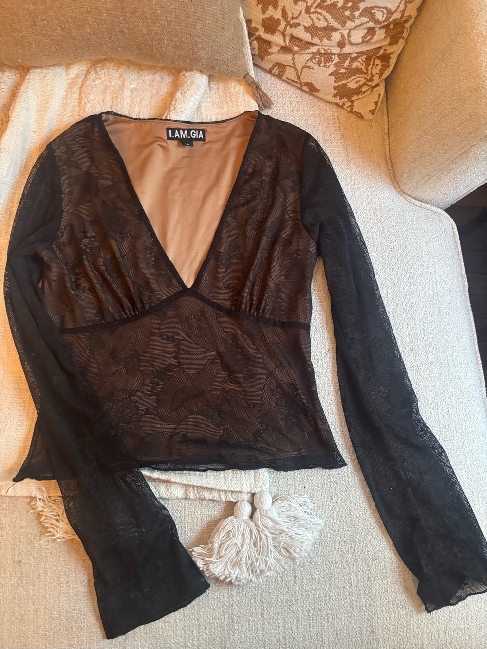 I.AM.GIA Black Floral Lace Deep V-Neck Top